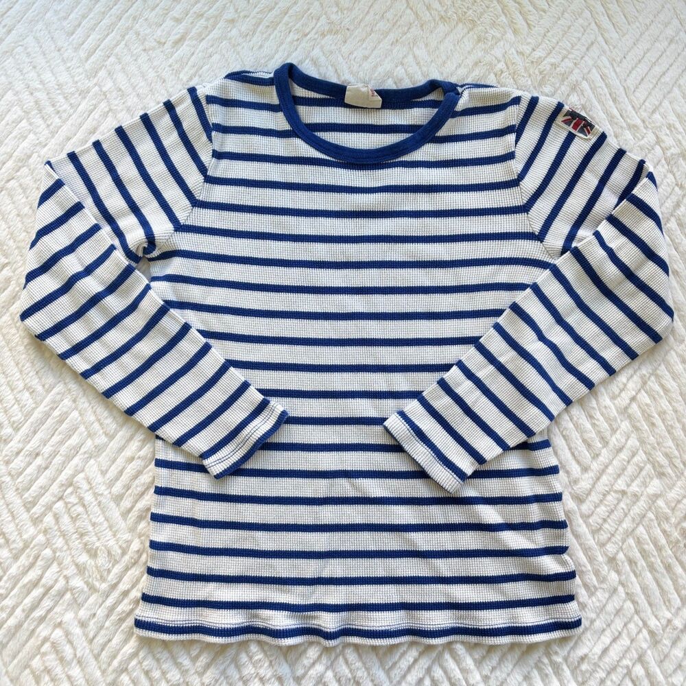 Mini Boden 11-12Y Blue White Stripe Thermal Waffle Knit Cotton Shirt Top